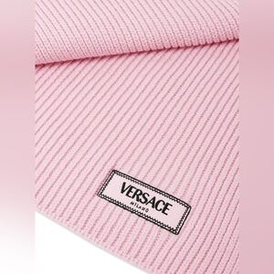 Versace logo patch knit 100% wool scarf pink NWT